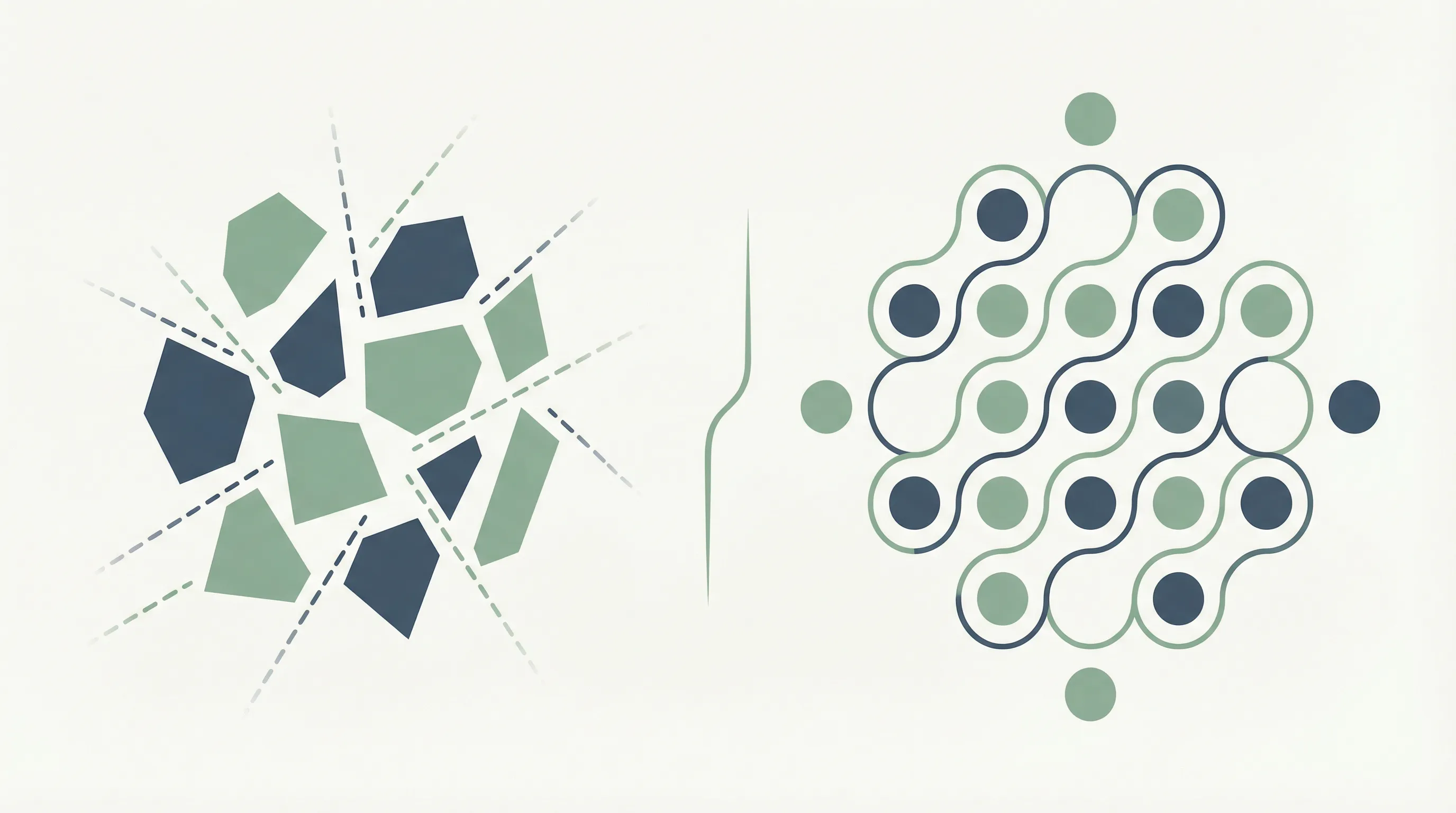 Comparison illustration showing chaotic cold outreach on the left versus organized warm introduction network on the right